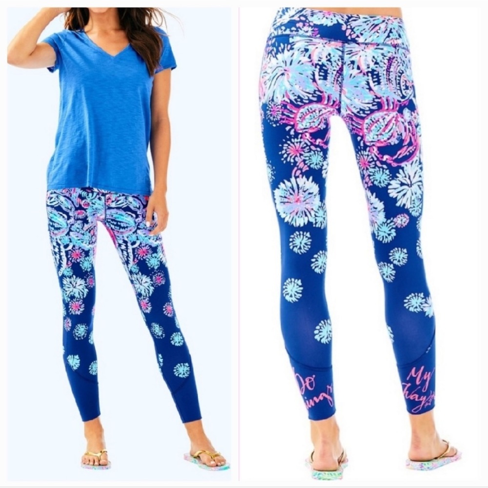 Lilly Pulitzer Navy Blue Pink Aqua Floral Firework Print Leggings